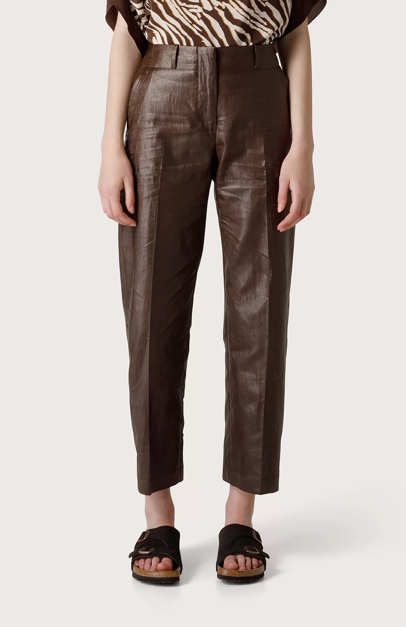 Leather Look Ramie Trousers - Cold Brown