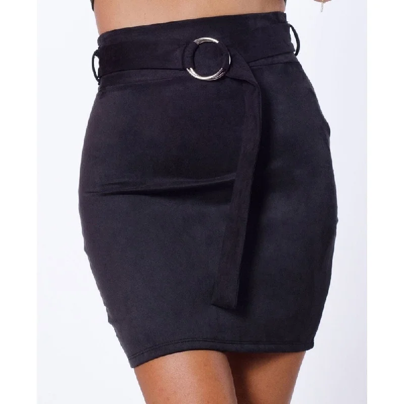 Lux La Women's Adjustable Waist Belt Heavy Suede Mini Skirt Black Size Large