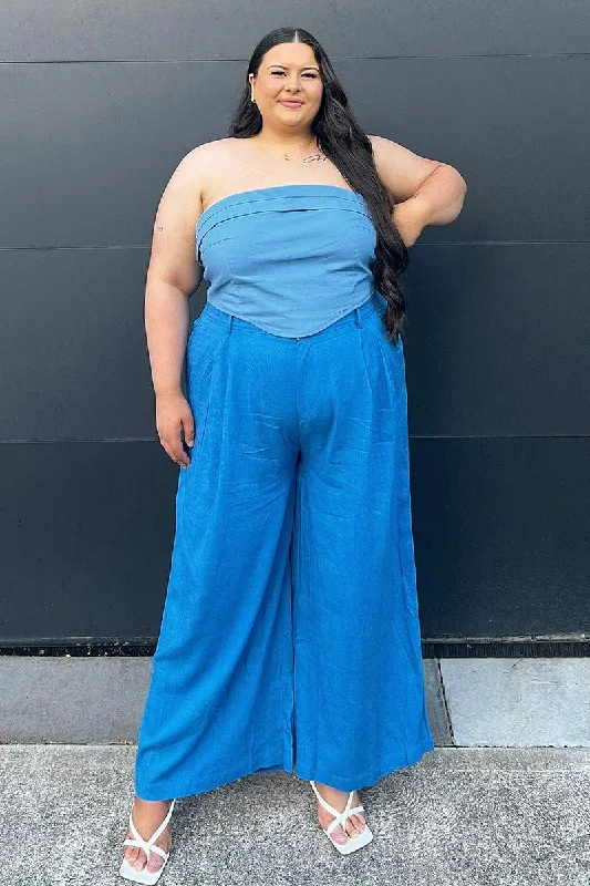 Blue Wide Leg Pants High Rise Linen Blend