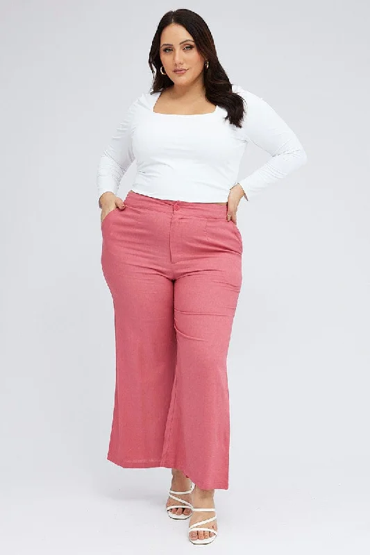 Pink Wide Leg Pants Linen Blend Button Front