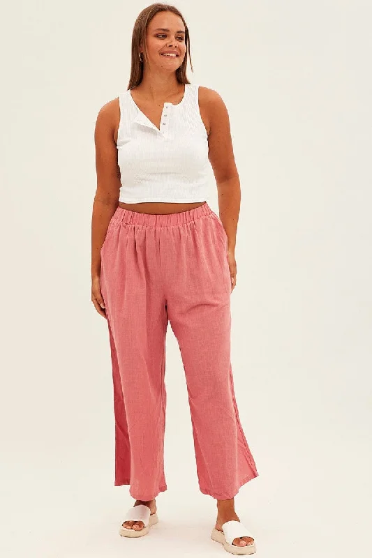 Pink Wideleg Pants Cotton Elastic Waist Relaxed Fit