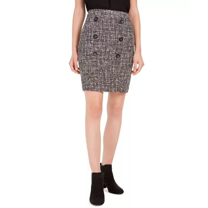 Bar III Women's Button-Detail Tweed Pencil Skirt Black Size 0