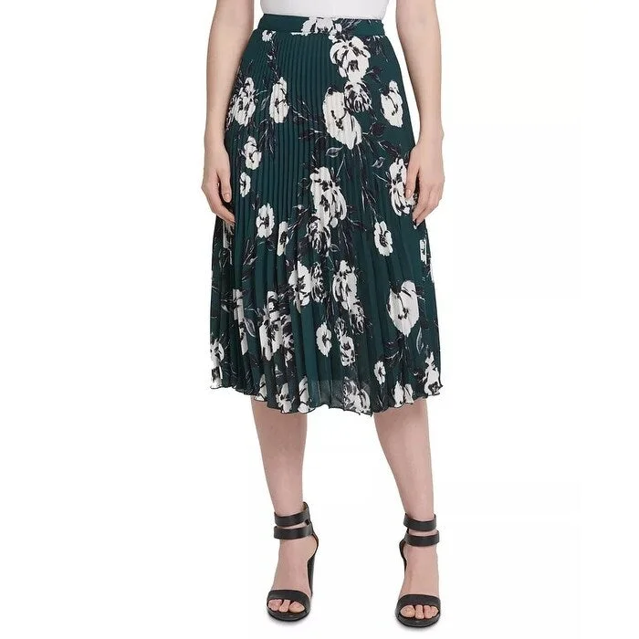 DKNY Women's Floral Print Pleated Midi Skirt Green Size 12